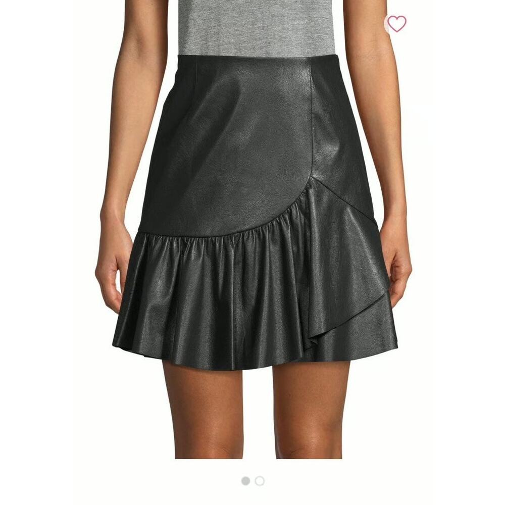 Rebecca Taylor Black Faux Leather Ruffle Mini Skirt Feminine Preppy Chic Size 6